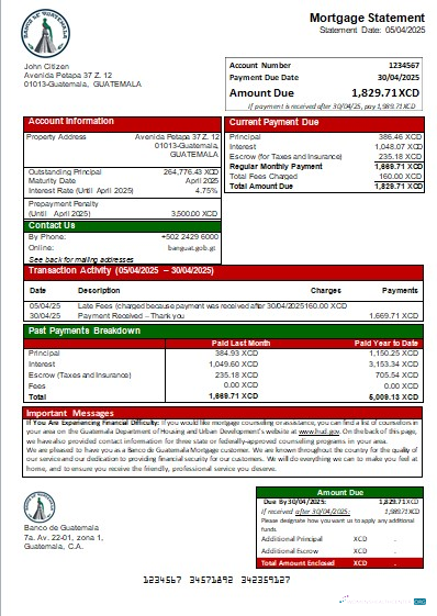 Download Guatemala Banco de Guatemala bank mortgage statement scr Photoshop template